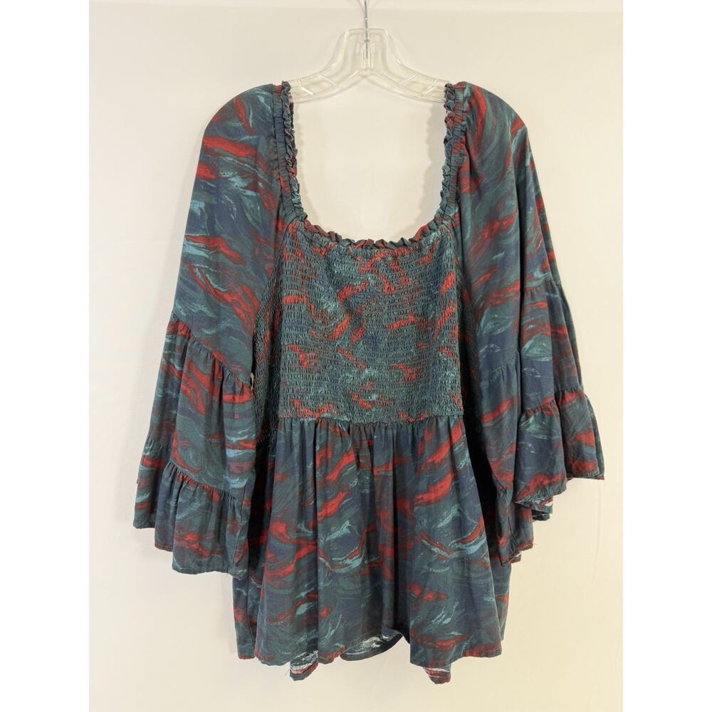 Terra & Sky Blouse Womens 3X 24/26 Blue Red Smocked Short Bell Sleeve Boho - Picture 2 of 10